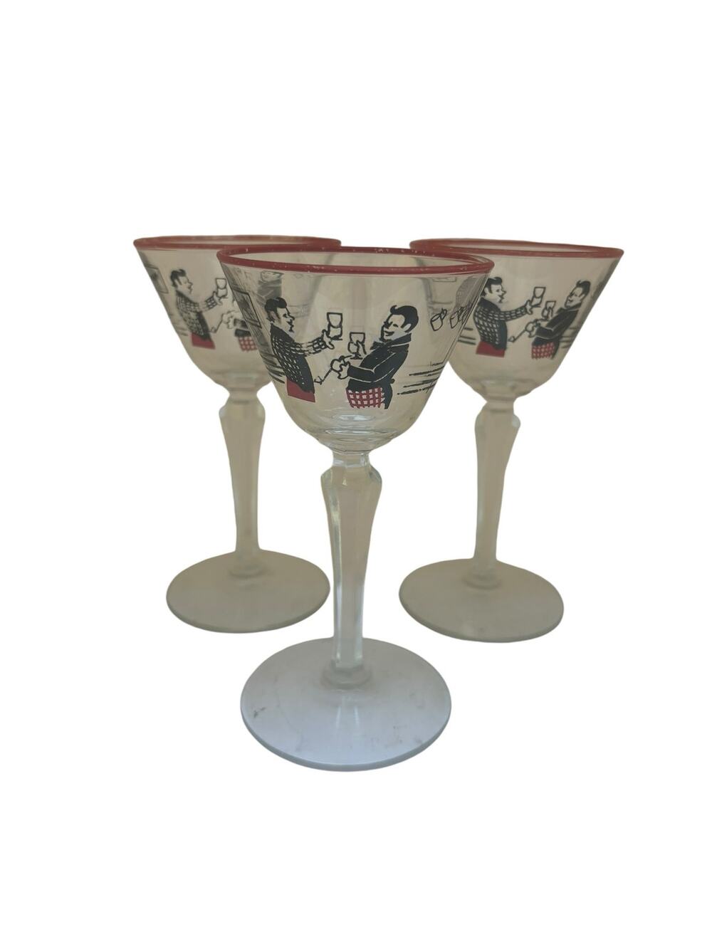 Mid Century Libbey Pickwick Merrymakers 1947 Set 3 Stemmed Cordials Martini